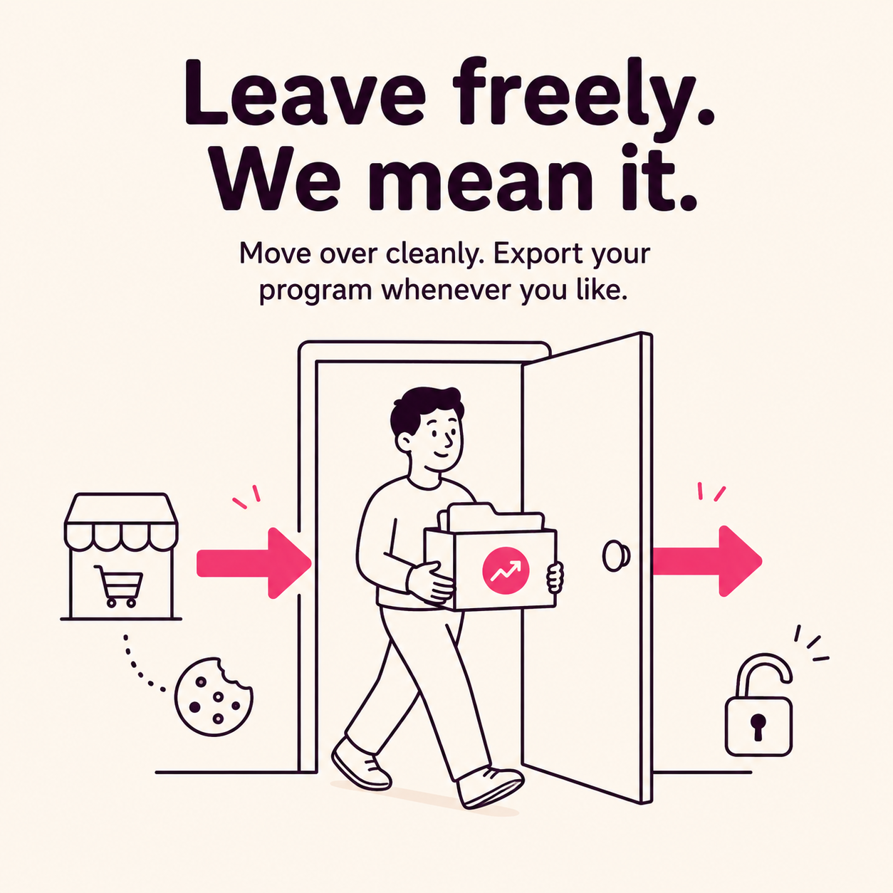 Leave freely. We mean it. Move over cleanly and export your program whenever you like.